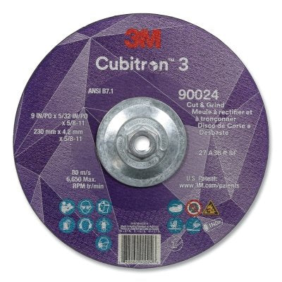 3M 7100313203 Cubitron 3 Cut and Grind Wheel, 9 in dia x 5/32 in Thick x 5/8 in-11 Arbor, 36+ Grit, T27