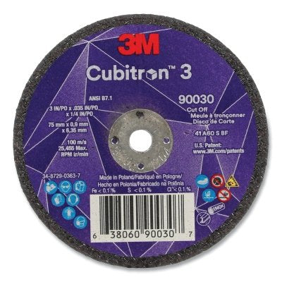3M 7100303860 Cubitron 3 Cut-Off Wheel, 3 in dia x 0.035 in Thick x 1/4 in Arbor, 60+ Grit, T1