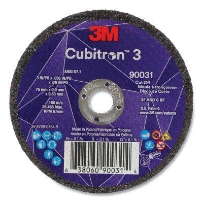 3M 7100303859 Cubitron 3 Cut-Off Wheel, 3 in dia x 0.035 in Thick x 3/8 in Arbor, 60+ Grit, T1