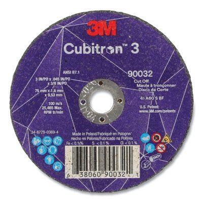 3M 7100303858 Cubitron 3 Cut-Off Wheel, 3 in dia x 0.045 in Thick x 3/8 in Arbor, 60+ Grit, T1