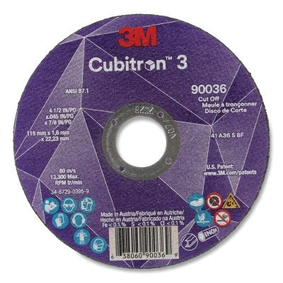 3M 7100304006 Cubitron 3 Cut-Off Wheel, 4-1/2 in dia x 0.045 in Thick x 7/8 in Arbor, 36+ Grit, T1