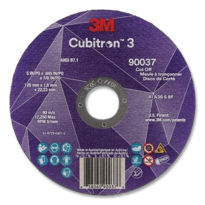 3M 7100304007 Cubitron 3 Cut-Off Wheel, 5 in dia x 0.045 in Thick x 7/8 in Arbor, 36+ Grit, T1