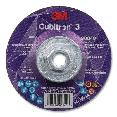 3M 7100313192 Cubitron 3 Cut-Off Wheel, 4-1/2 in dia x 0.045 in Thick x 5/8 in-11 Arbor, 36+ Grit, T27