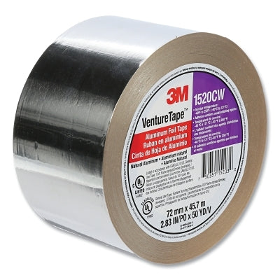 3M 7100043713 Venture Tape Aluminum Foil Tape, 1520CW, 72 mm W x 45.7 m L x 3.2 mil Thick, Silver, 16 RL/CA