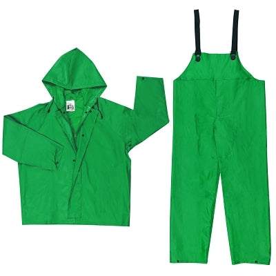 MCR Safety 3882S Two-Piece Rain Suit, Jacket w/Hood, Bib Pants, 0.42 mm PVC/Poly, Green, Small