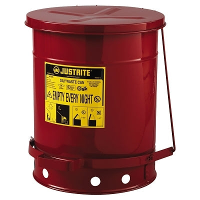 Justrite 9300 Red Oily Waste Can, 10 Gal, Foot Operated Cover