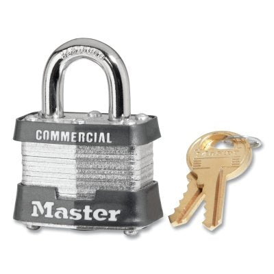 Master Lock 3KA-3210 No. 3 Laminated Steel Padlock, 9/32 in Dia., 5/8 in W x 3/4 in H Shackle, Silver/Gray, Keyed Alike, Key 3210