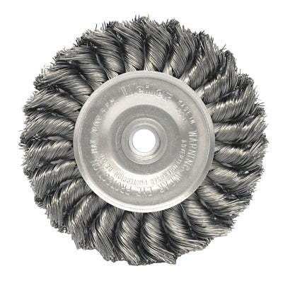 Weiler 8294 Standard Twist Knot Wire Wheel, 4 in dia x 1/2 in W Face, 0.014 in Stainless Steel Wire, 20000 RPM