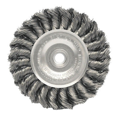 Weiler 8314 Standard Twist Knot Wire Wheel, 4 in dia x 1/2 in W Face, 0.020 in Stainless Steel Wire, 20000 RPM