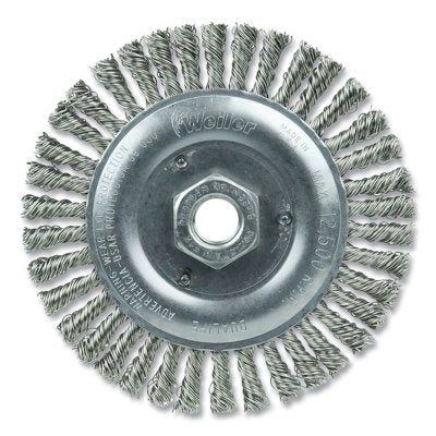 Weiler 8806 Roughneck Stringer Bead Twist Knot Wire Wheel 5 in dia x 3/16 in W Face 0.020 in Stainless Steel Wire 12500 RPM