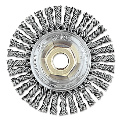 Weiler 13135 Roughneck Stringer Bead Twist Knot Wire Wheel 4 in dia x 3/16 in W Face 0.020 in Stainless Steel Wire 20000 RPM