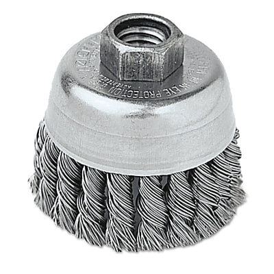 Weiler 13258 Single Row Knot Wire Cup Brush, 2-3/4 in Dia, 0.020 in Stainless Steel Wire, 5/8 in-11 Arbor