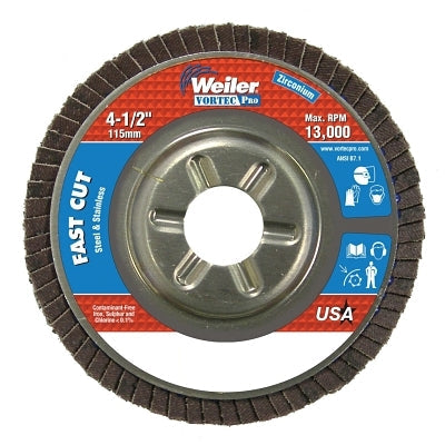 Weiler 31309 Vortec Pro Abrasive Flap Disc, Zirconium, 4-1/2 in dia, 60 Grit, 7/8 in Arbor, 13000 RPM