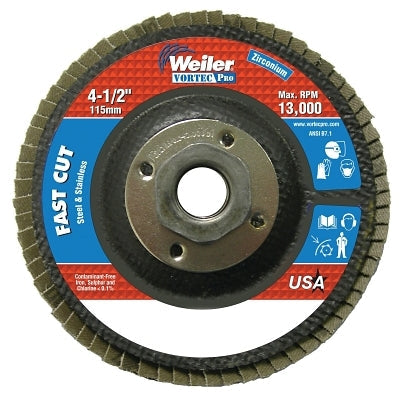 Weiler 31349 Wolverine Angled Flap Disc, 4-1/2 in Dia, 36 Grit, 5/8 in-11 UNC Nut