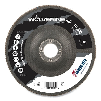 Weiler 31439 Wolverine Abrasive Flap Disc, 6 in dia, 40 Grit, 7/8 in arbor, 10200 RPM