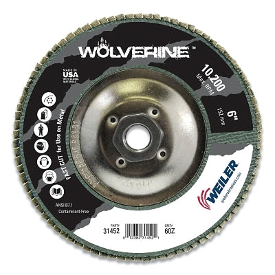 Weiler 31452 Wolverine Abrasive Flap Disc, 6 in dia, 60 grit, 5/8 in-11 in arbor, 10200 RPM
