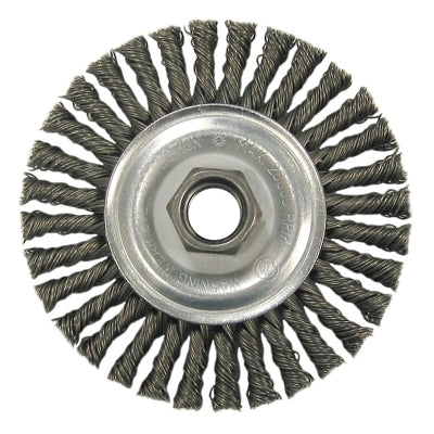 Weiler 36219 Wolverine Knot Wire Wheel, Stringer Bead Twist, 4 in dia x 3/16 in W Face, 5/8 in-11 UNC, 0.020 in SS Wire, 20000 RPM