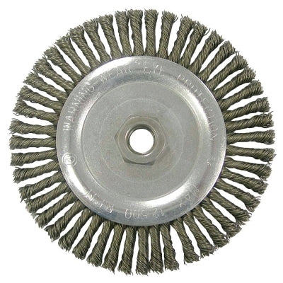 Weiler 36296 Wolverine Knot Wire Wheel, Stringer Bead Twist, 5 in dia x 3/16 in W Face, 5/8 in-11 UNC, 0.020 in SS Wire, 12500 RPM