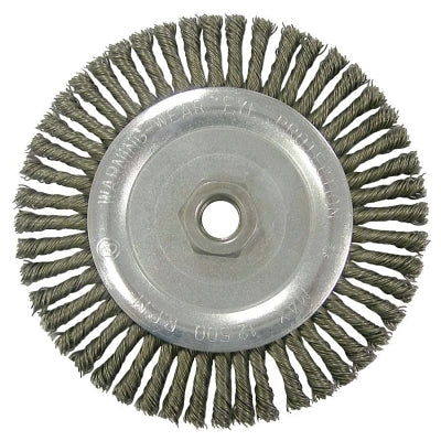 Weiler 36297 Wolverine Knot Wire Wheel, Stringer Bead Twist, 7 in dia x 3/16 in W Face, 5/8 in-11 UNC, 0.020 in Steel Wire, 9000 RPM