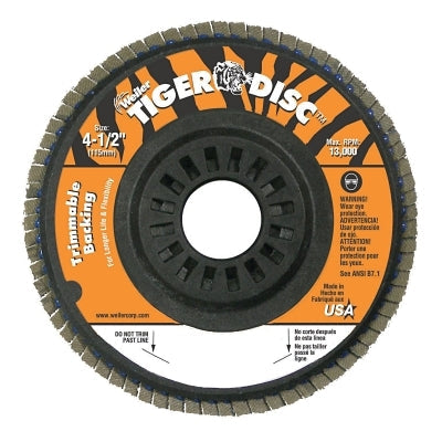 Weiler 50004 Trimmable Tiger Flap Disc, 4-1/2 in, 80 Grit, 7/8 in Arbor, 13000 RPM