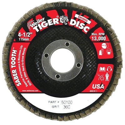 Weiler 50100 Saber Tooth Ceramic Flap Disc, 4-1/2 in, 36 Grit, 7/8 in Arbor, 13000 RPM