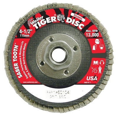 Weiler 50104 Saber Tooth Ceramic Flap Disc, 4-1/2 in, 36 Grit, 5/8 in Arbor, 13000 RPM