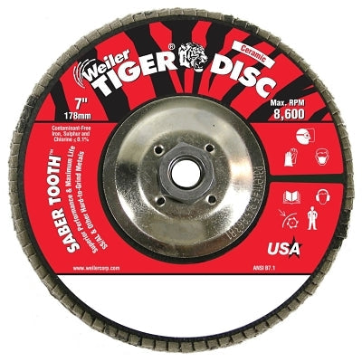 Weiler 50113 Saber Tooth Ceramic Flap Disc, 7, 40 Grit, 5/8 in Arbor, 12000 RPM