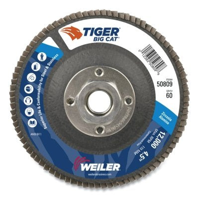 Weiler 50769 Tiger Big Cat High Density Flap Disc, 4-1/2 in dia, 60 grit, 5/8 in-11 in arbor, 12000 RPM