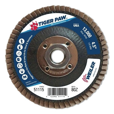 Weiler 51115 Tiger Paw Coated Abrasive Flap Disc, 4-1/2 in, 80 Grit, 5/8 in-11, Phenolic Back Type 27