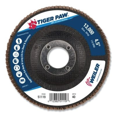 Weiler 51119 4-1/2 in Tiger Paw Abrasive Flap Disc- Angled- 40Z