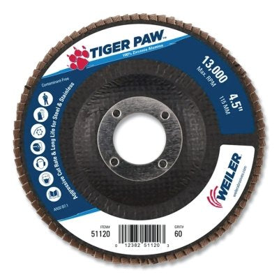 Weiler 51120 Tiger Paw TY29 Coated Abrasive Flap Disc, 4-1/2 in, 60 Grit, 7/8 in Arbor, 13000 RPM