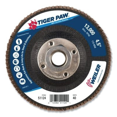 Weiler 51124 Tiger Paw TY29 Coated Abrasive Flap Disc, 4-1/2 in dia, 40 Grit, 5/8 in-11, 13000 RPM