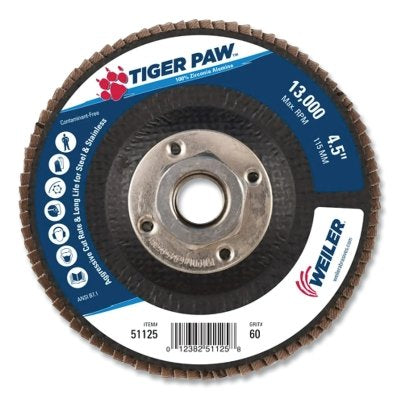 Weiler 51125 4-1/2 in Tiger Paw Abrasive Flap Disc- Angled- 60Z