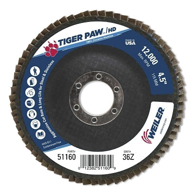 Weiler 51160 Tiger Paw Super High Density Flap Disc, 4-1/2 in dia, 36 Grit, 7/8 in Arbor, 12000 RPM, Type 27 Flat