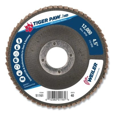 Weiler 51161 4-1/2 in Tiger Paw Super High Density Flap Disc F