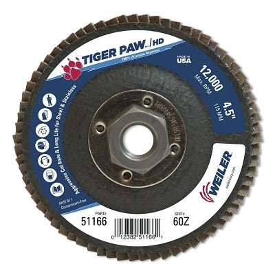 Weiler 51166 Tiger Paw Super High Density Flap Disc, 4-1/2 in dia, 60 Grit, 5/8 in-11 Arbor, 12000 RPM, Type 27 Flat