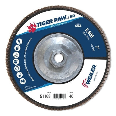 Weiler 51168 Tiger Paw Super High Density Flap Disc, 7 in dia, 40 Grit, 5/8 in-11 Arbor, 8600 RPM, Type 27 Flat