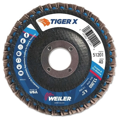 Weiler 51201 Tiger X Flap Disc, 4-1/2 in dia, 40 Grit, 7/8 in Arbor, 13000 RPM, Type 29
