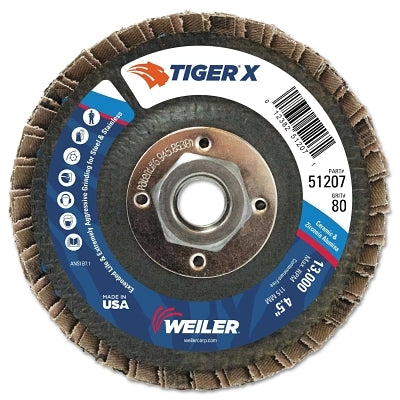 Weiler 51207 4-1/2 in Tiger X Angled Flap Disc Phenolic Backing 80 Grit Zirconia 5/8"-11