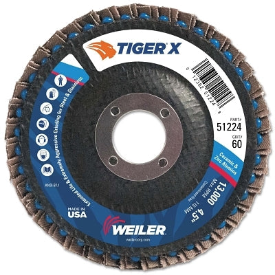 Weiler 51224 4-1/2 in Tiger X Flap Disc Flat Phenolic Backing 60 Grit Zirconia 7/8 in Arbor