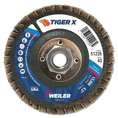 Weiler 51226 Tiger X Flap Disc, 4-1/2 in dia, 40 Grit, 5/8 in-11, 13000 RPM, Type 27