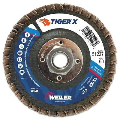 Weiler 51227 Tiger X Flap Disc, 4-1/2 in Flat, 60 Grit, 5/8 in-11 Arbor