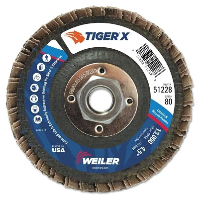 Weiler 51228 Tiger X Flap Disc, 4-1/2 in dia, 80 Grit, 5/8 in-11, 13000 RPM, Type 27