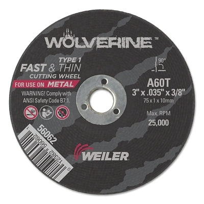 Weiler 56062 Wolverine Type 1 Cut-Off Wheel, 3 in Dia x 0.035 in Thick, 3/8 in Arbor Hole, A60T