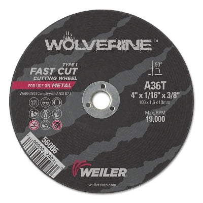 Weiler 56086 Wolverine Cut-Off Wheel Type 1 AO 4 in dia x 5/8 in Arbor x 0.035 in Thick 60T 25 EA/BX