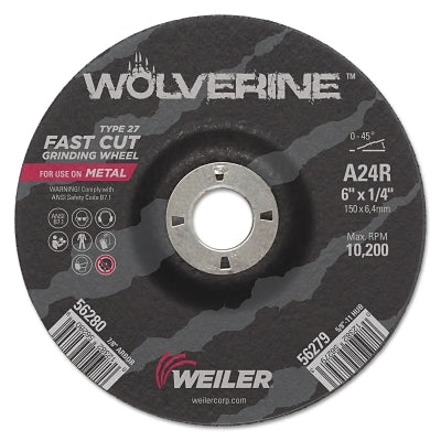 Weiler 56280 Wolverine Thin Cutting Wheel 6 in Dia 1/4 Thick 7/8 in Arbor 24 Grit