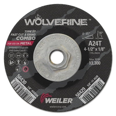 Weiler 56429 Wolverine Type 27 Cut-Off Wheel, 4-1/2 in Dia x 1/8 in Thick, 5/8 in-11 Arbor, A24R