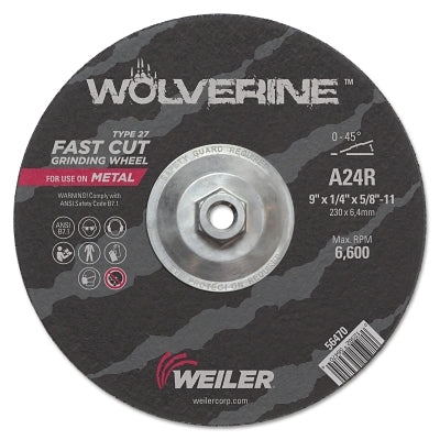 Weiler 56470 Wolverine Grinding Wheel, 9 in dia x 5/8 in-11 UNC Arbor x 1/4 in Thick, AO, 24R