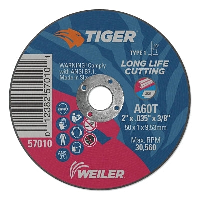 Weiler 57043 Tiger AO Cutting Wheel, 5 in dia x 0.045 in Thick, 7/8 in Arbor, A60T, Type 27
