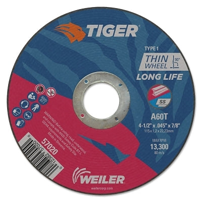 Weiler 57020 Tiger Type 1 Cut-Off Wheel, 4-1/2 in Dia x 0.045 in Thick, 7/8 in Arbor Hole, A60T